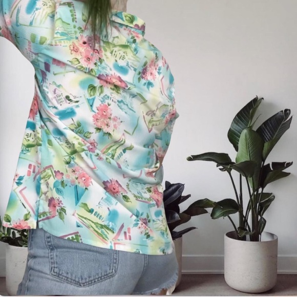 Alia Retro Tropical Hawaiian Bright Multicolor Button Up Blouse SIze 12 - Picture 3 of 9